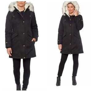 1 Madison Expedition Heritage Parka Coat L Black Faux Fur Hood Sherpa Lined